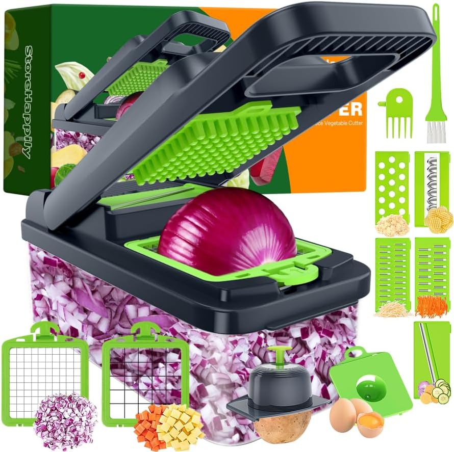 12-in-1 Vegetable Chopper 7 Blades, Veggie Cutter with Handle, Black/White | Stainless Steel Blades, Food Container and Lid, Dicer, Slicer, Julienne, Egg Separator, Non-slip Base, Include Cleaning Tools
