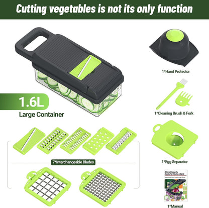12-in-1 Vegetable Chopper 7 Blades, Veggie Cutter with Handle, Black/White | Stainless Steel Blades, Food Container and Lid, Dicer, Slicer, Julienne, Egg Separator, Non-slip Base, Include Cleaning Tools