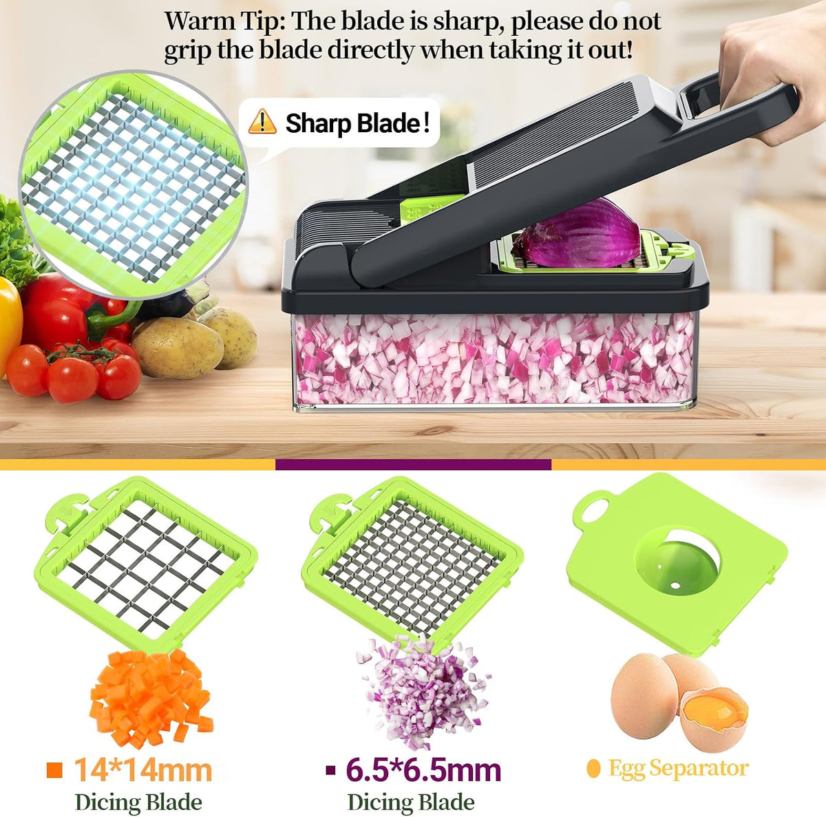 12-in-1 Vegetable Chopper 7 Blades, Veggie Cutter with Handle, Black/White | Stainless Steel Blades, Food Container and Lid, Dicer, Slicer, Julienne, Egg Separator, Non-slip Base, Include Cleaning Tools