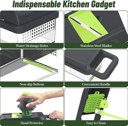 12-in-1 Vegetable Chopper 7 Blades, Veggie Cutter with Handle, Black/White | Stainless Steel Blades, Food Container and Lid, Dicer, Slicer, Julienne, Egg Separator, Non-slip Base, Include Cleaning Tools