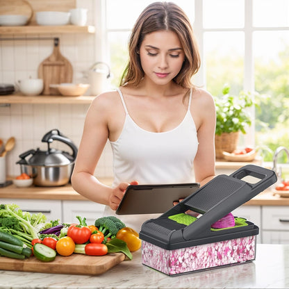 12-in-1 Vegetable Chopper 7 Blades, Veggie Cutter with Handle, Black/White | Stainless Steel Blades, Food Container and Lid, Dicer, Slicer, Julienne, Egg Separator, Non-slip Base, Include Cleaning Tools