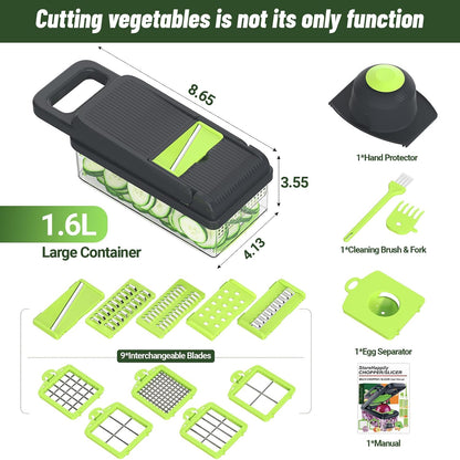 12-in-1 Vegetable Chopper 7 Blades, Veggie Cutter with Handle, Black/White | Stainless Steel Blades, Food Container and Lid, Dicer, Slicer, Julienne, Egg Separator, Non-slip Base, Include Cleaning Tools