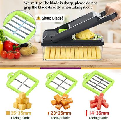 12-in-1 Vegetable Chopper 7 Blades, Veggie Cutter with Handle, Black/White | Stainless Steel Blades, Food Container and Lid, Dicer, Slicer, Julienne, Egg Separator, Non-slip Base, Include Cleaning Tools