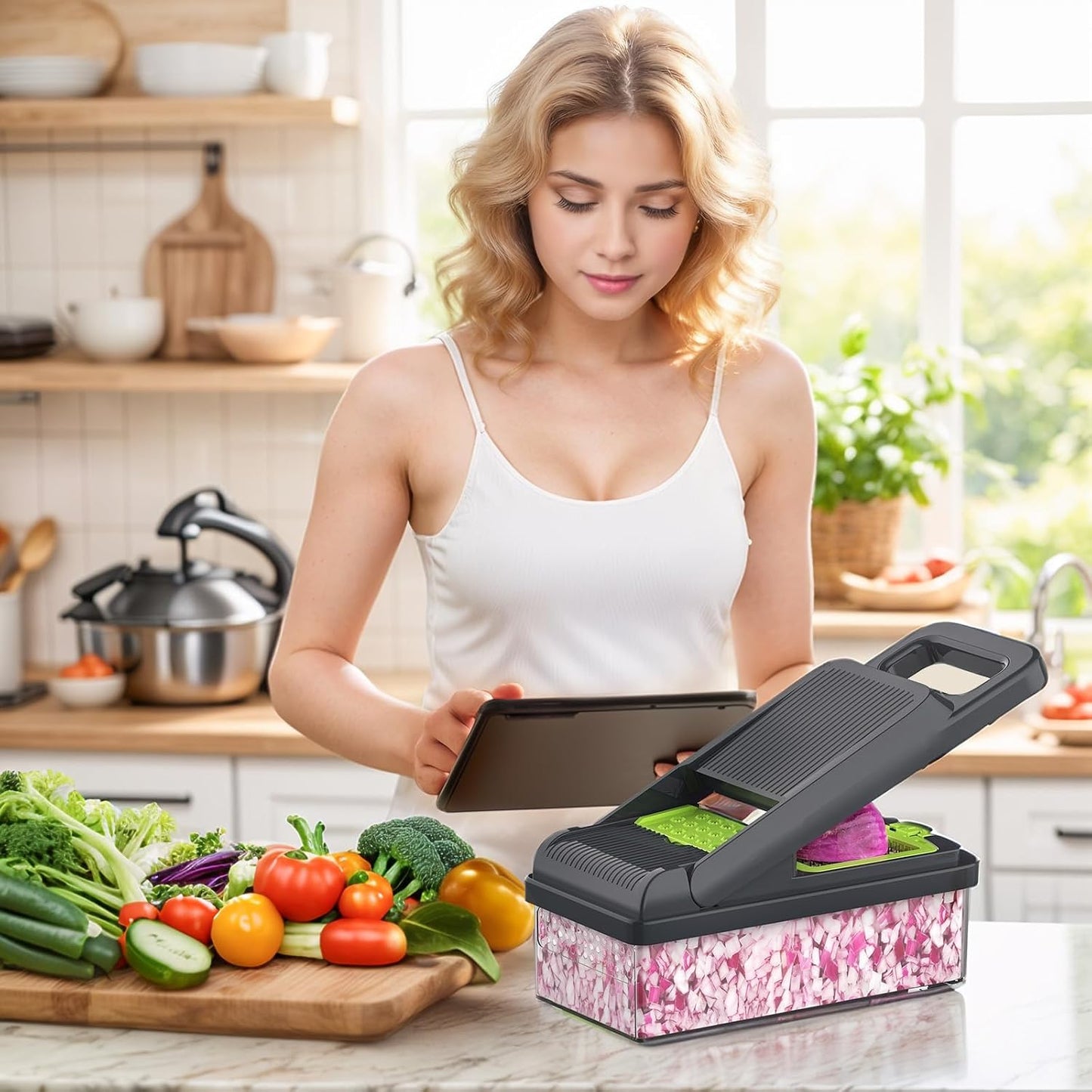 12-in-1 Vegetable Chopper 7 Blades, Veggie Cutter with Handle, Black/White | Stainless Steel Blades, Food Container and Lid, Dicer, Slicer, Julienne, Egg Separator, Non-slip Base, Include Cleaning Tools