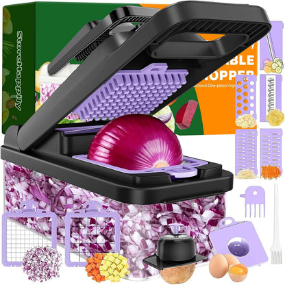 12-in-1 Vegetable Chopper 7 Blades, Veggie Cutter with Handle, Black/White | Stainless Steel Blades, Food Container and Lid, Dicer, Slicer, Julienne, Egg Separator, Non-slip Base, Include Cleaning Tools