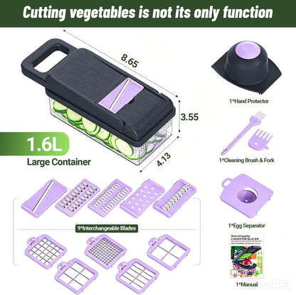 12-in-1 Vegetable Chopper 7 Blades, Veggie Cutter with Handle, Black/White | Stainless Steel Blades, Food Container and Lid, Dicer, Slicer, Julienne, Egg Separator, Non-slip Base, Include Cleaning Tools