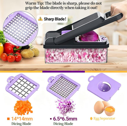 12-in-1 Vegetable Chopper 7 Blades, Veggie Cutter with Handle, Black/White | Stainless Steel Blades, Food Container and Lid, Dicer, Slicer, Julienne, Egg Separator, Non-slip Base, Include Cleaning Tools