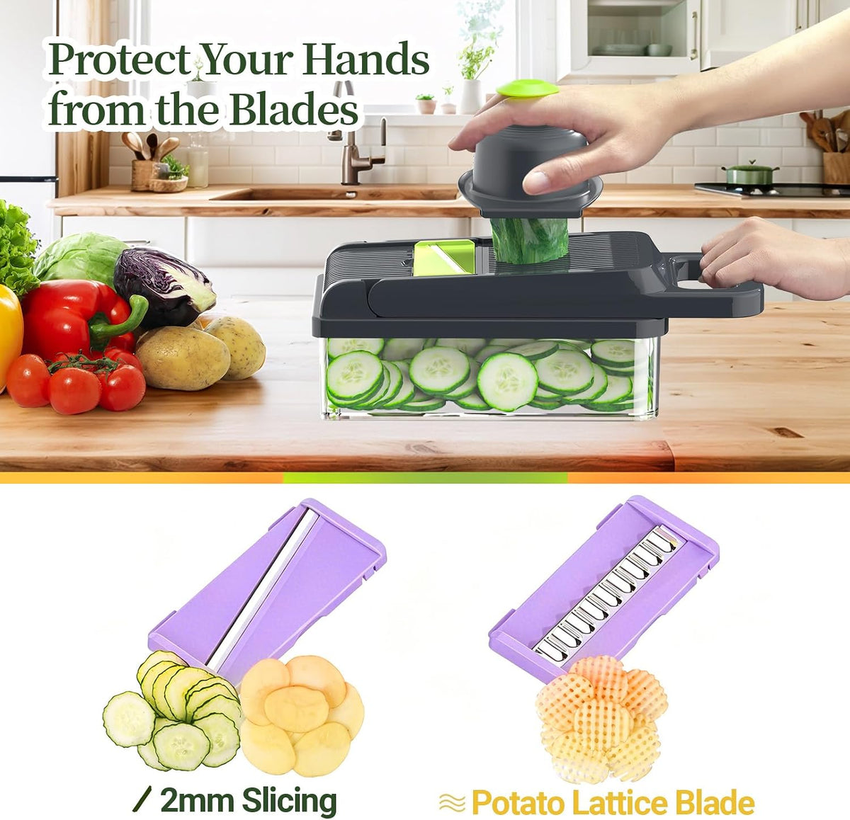 12-in-1 Vegetable Chopper 7 Blades, Veggie Cutter with Handle, Black/White | Stainless Steel Blades, Food Container and Lid, Dicer, Slicer, Julienne, Egg Separator, Non-slip Base, Include Cleaning Tools