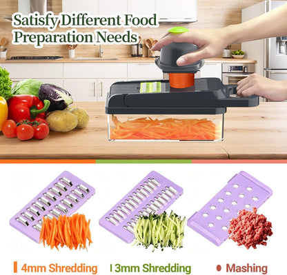 12-in-1 Vegetable Chopper 7 Blades, Veggie Cutter with Handle, Black/White | Stainless Steel Blades, Food Container and Lid, Dicer, Slicer, Julienne, Egg Separator, Non-slip Base, Include Cleaning Tools
