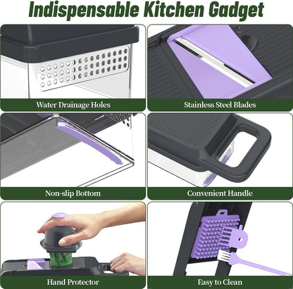 12-in-1 Vegetable Chopper 7 Blades, Veggie Cutter with Handle, Black/White | Stainless Steel Blades, Food Container and Lid, Dicer, Slicer, Julienne, Egg Separator, Non-slip Base, Include Cleaning Tools