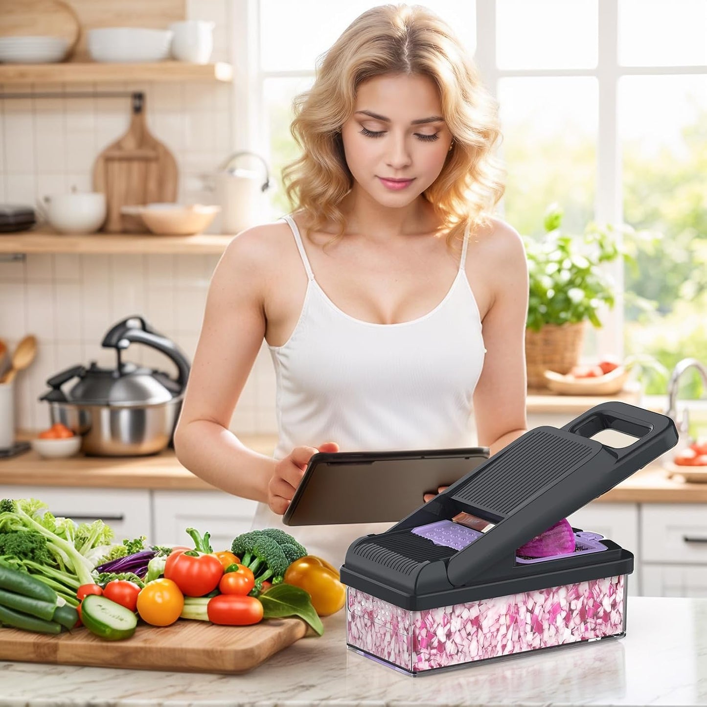 12-in-1 Vegetable Chopper 7 Blades, Veggie Cutter with Handle, Black/White | Stainless Steel Blades, Food Container and Lid, Dicer, Slicer, Julienne, Egg Separator, Non-slip Base, Include Cleaning Tools