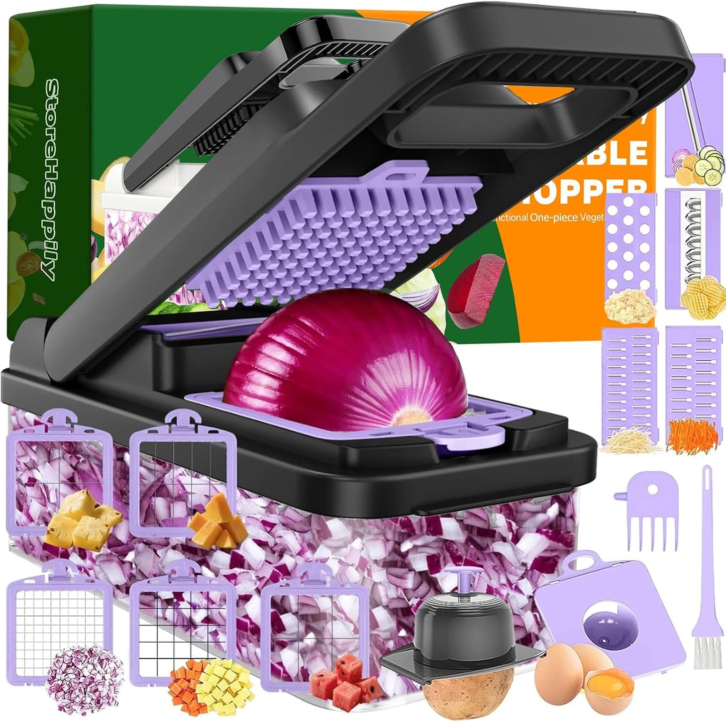 12-in-1 Vegetable Chopper 7 Blades, Veggie Cutter with Handle, Black/White | Stainless Steel Blades, Food Container and Lid, Dicer, Slicer, Julienne, Egg Separator, Non-slip Base, Include Cleaning Tools