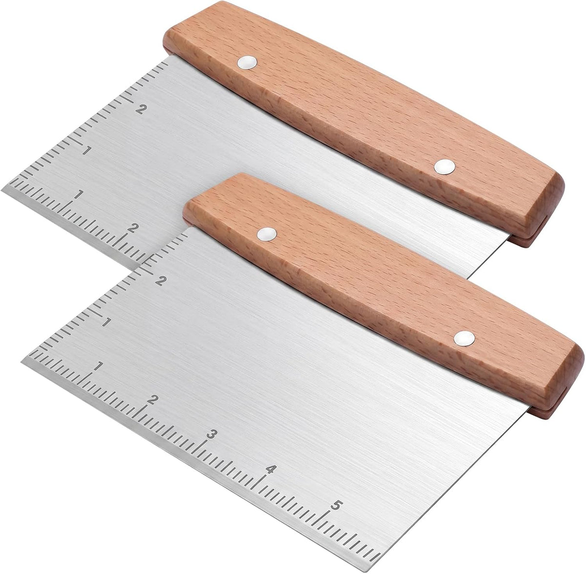 2 Pcs Bench Scraper Stainless Steel Dough Cutter with Measurement Marks and Wooden Handle Multipurpose Bread Pizza Food Griddle Scraper Dishwasher Safe for Baking Cooking Pastry Cake