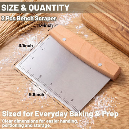 2 Pcs Bench Scraper Stainless Steel Dough Cutter with Measurement Marks and Wooden Handle Multipurpose Bread Pizza Food Griddle Scraper Dishwasher Safe for Baking Cooking Pastry Cake