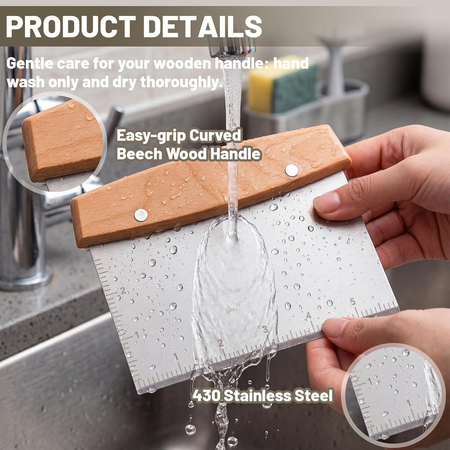 2 Pcs Bench Scraper Stainless Steel Dough Cutter with Measurement Marks and Wooden Handle Multipurpose Bread Pizza Food Griddle Scraper Dishwasher Safe for Baking Cooking Pastry Cake