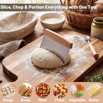 2 Pcs Bench Scraper Stainless Steel Dough Cutter with Measurement Marks and Wooden Handle Multipurpose Bread Pizza Food Griddle Scraper Dishwasher Safe for Baking Cooking Pastry Cake