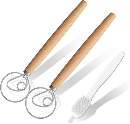 Aqdocvf 2‑Pack Danish Dough Whisk,13‑Inch Dutch Whisk with Cleaning‑Brush