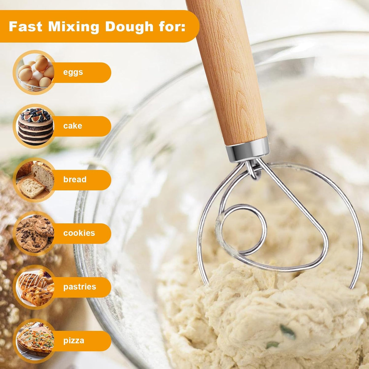 Aqdocvf 2‑Pack Danish Dough Whisk,13‑Inch Dutch Whisk with Cleaning‑Brush