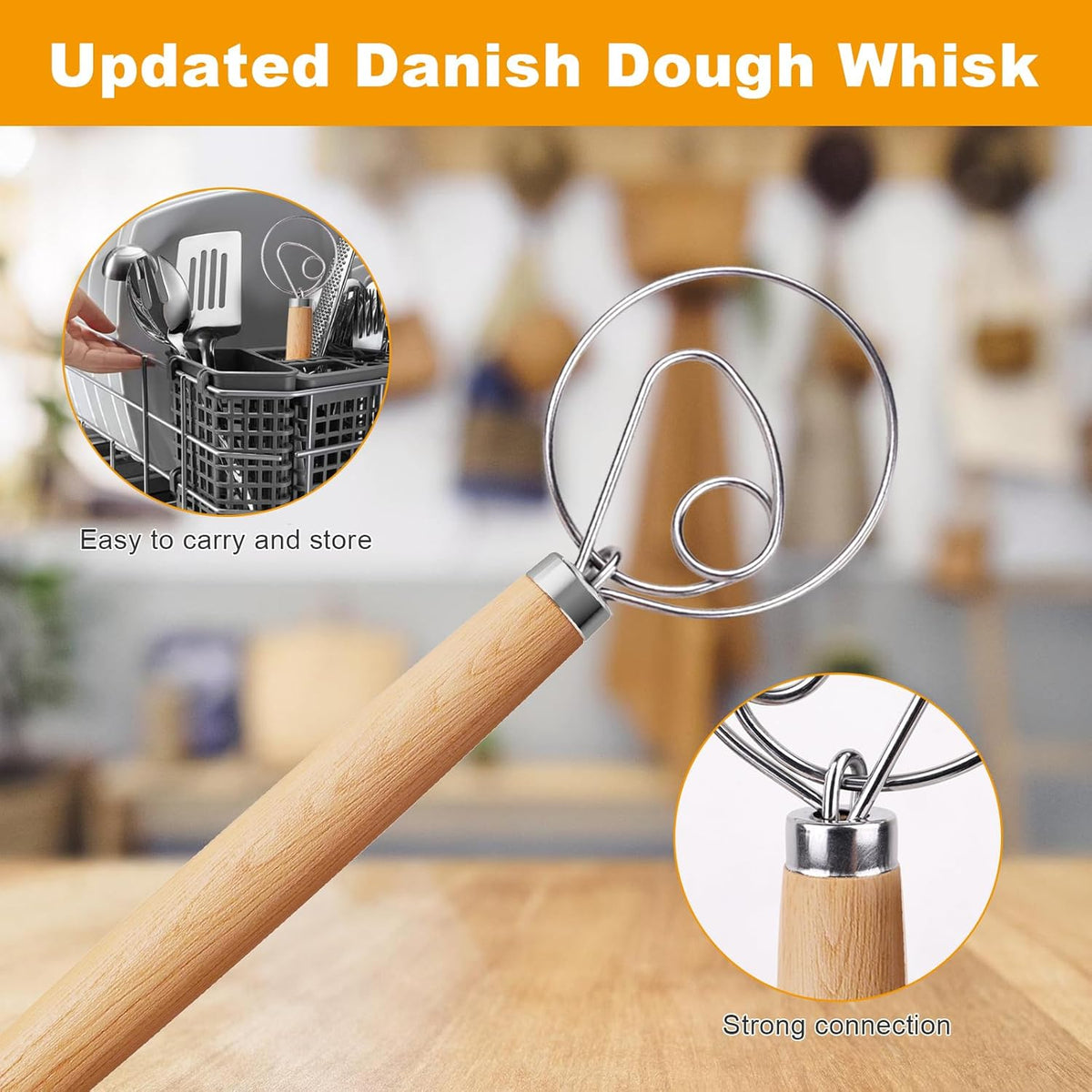 Aqdocvf 2‑Pack Danish Dough Whisk,13‑Inch Dutch Whisk with Cleaning‑Brush