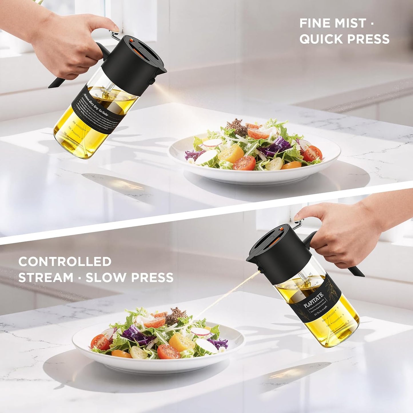 17oz/500ml Premium Olive Oil Sprayer for Cooking, 2 in 1 Glass Olive Oil Dispenser Bottle for Kitchen Gadgets, Spray Bottle with Portion Control for Salad, Frying, BBQ (Black)