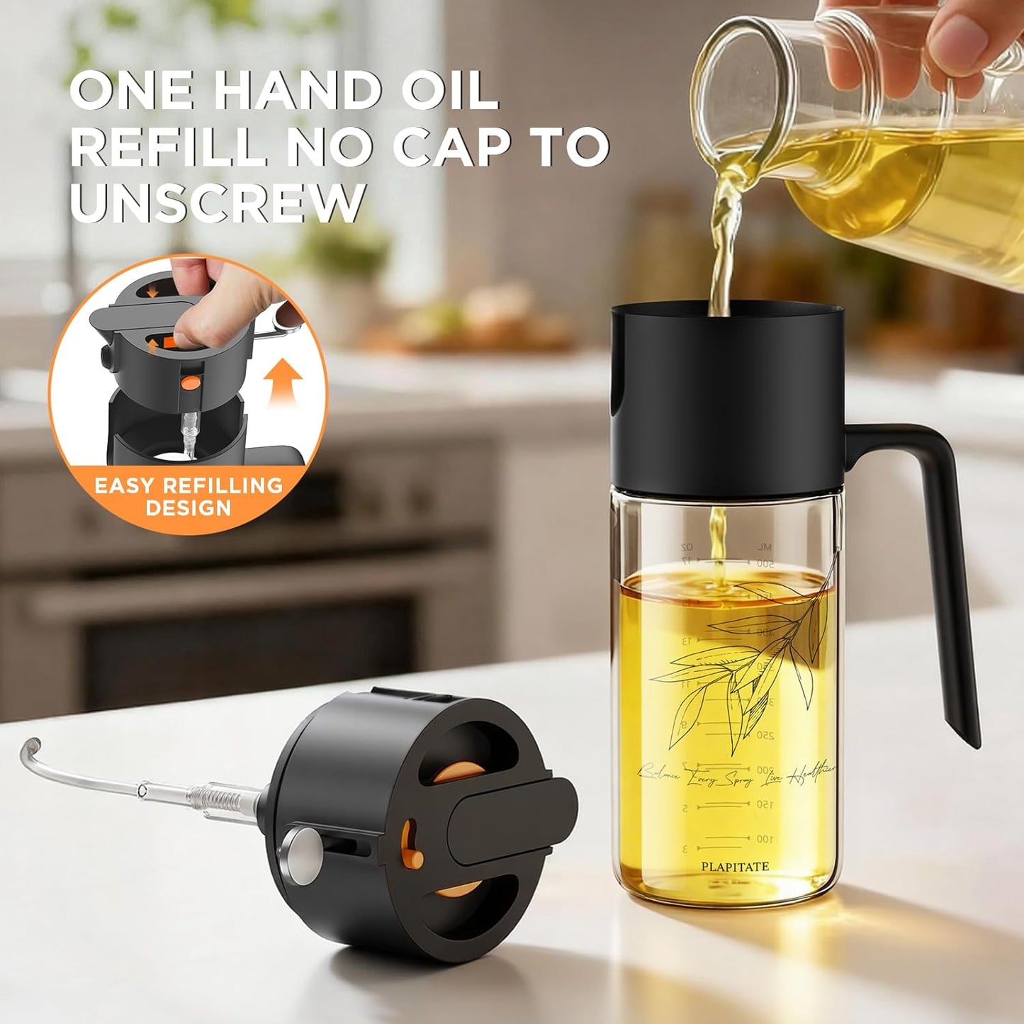 17oz/500ml Premium Olive Oil Sprayer for Cooking, 2 in 1 Glass Olive Oil Dispenser Bottle for Kitchen Gadgets, Spray Bottle with Portion Control for Salad, Frying, BBQ (Black)