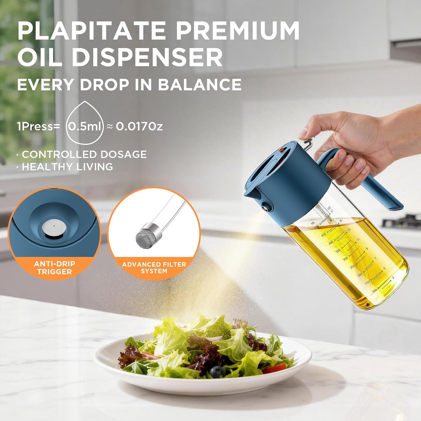 17oz/500ml Premium Olive Oil Sprayer for Cooking, 2 in 1 Glass Olive Oil Dispenser Bottle for Kitchen Gadgets, Spray Bottle with Portion Control for Salad, Frying, BBQ (Black)