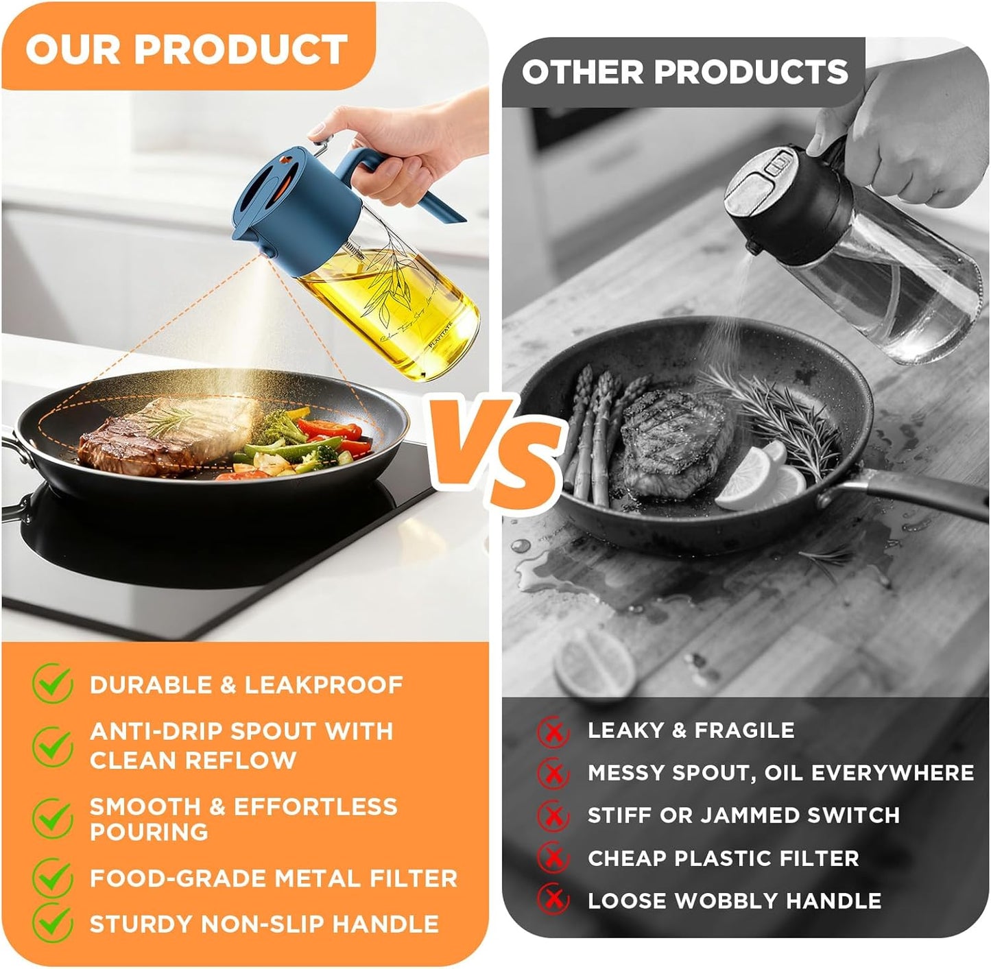17oz/500ml Premium Olive Oil Sprayer for Cooking, 2 in 1 Glass Olive Oil Dispenser Bottle for Kitchen Gadgets, Spray Bottle with Portion Control for Salad, Frying, BBQ (Black)