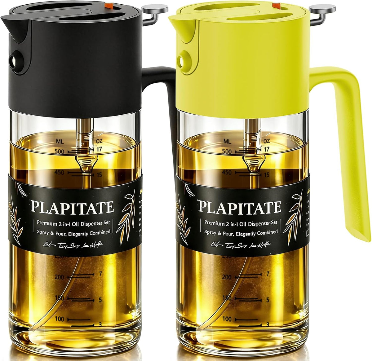 17oz/500ml Premium Olive Oil Sprayer for Cooking, 2 in 1 Glass Olive Oil Dispenser Bottle for Kitchen Gadgets, Spray Bottle with Portion Control for Salad, Frying, BBQ (Black)