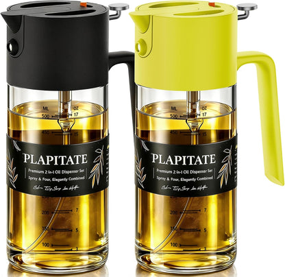 17oz/500ml Premium Olive Oil Sprayer for Cooking, 2 in 1 Glass Olive Oil Dispenser Bottle for Kitchen Gadgets, Spray Bottle with Portion Control for Salad, Frying, BBQ (Black)