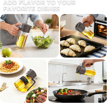 17oz/500ml Premium Olive Oil Sprayer for Cooking, 2 in 1 Glass Olive Oil Dispenser Bottle for Kitchen Gadgets, Spray Bottle with Portion Control for Salad, Frying, BBQ (Black)