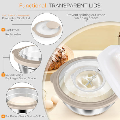 Stainless Steel Mixing Bowls with Airtight Clear Lids, Khaki
