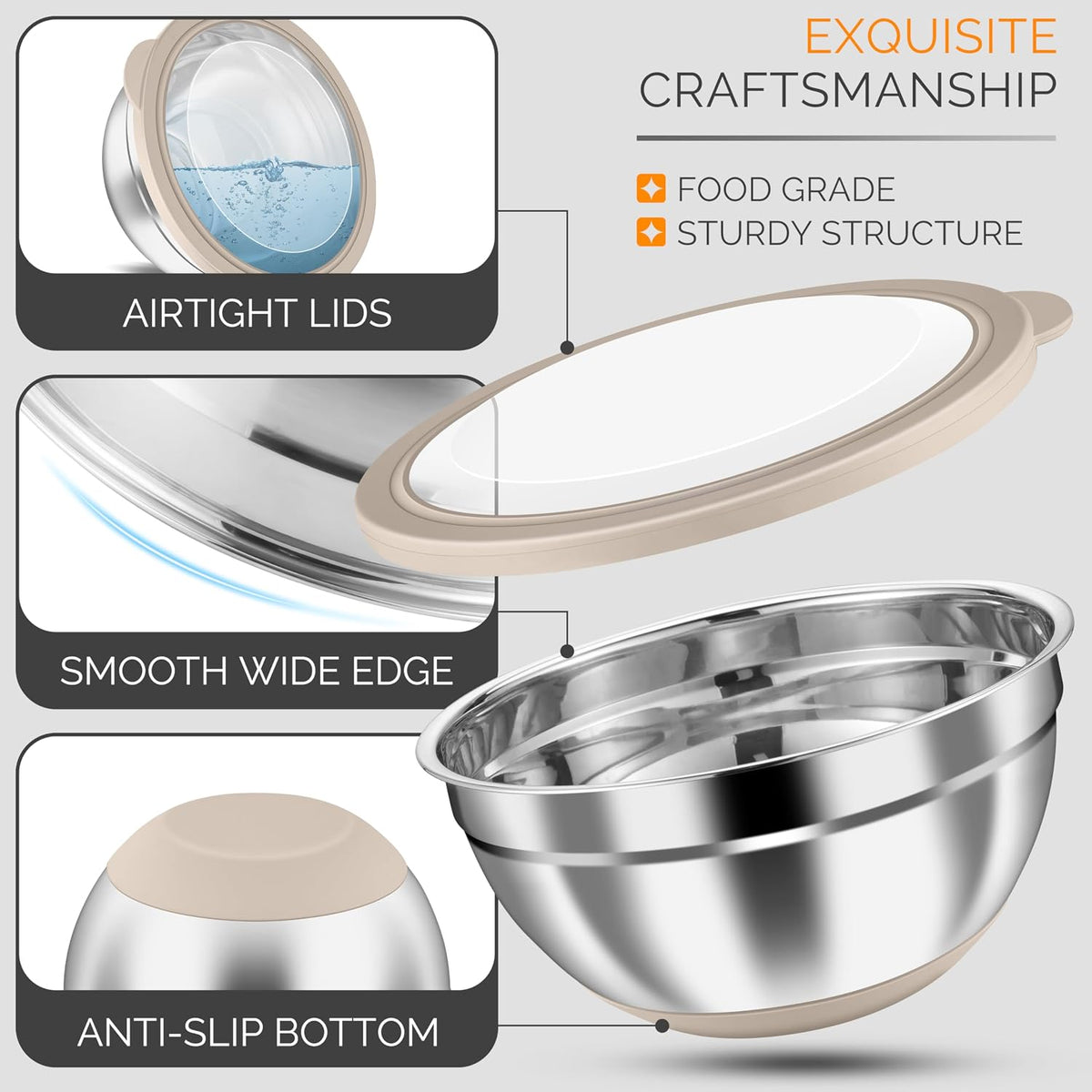 Stainless Steel Mixing Bowls with Airtight Clear Lids, Khaki
