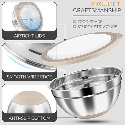 Stainless Steel Mixing Bowls with Airtight Clear Lids, Khaki