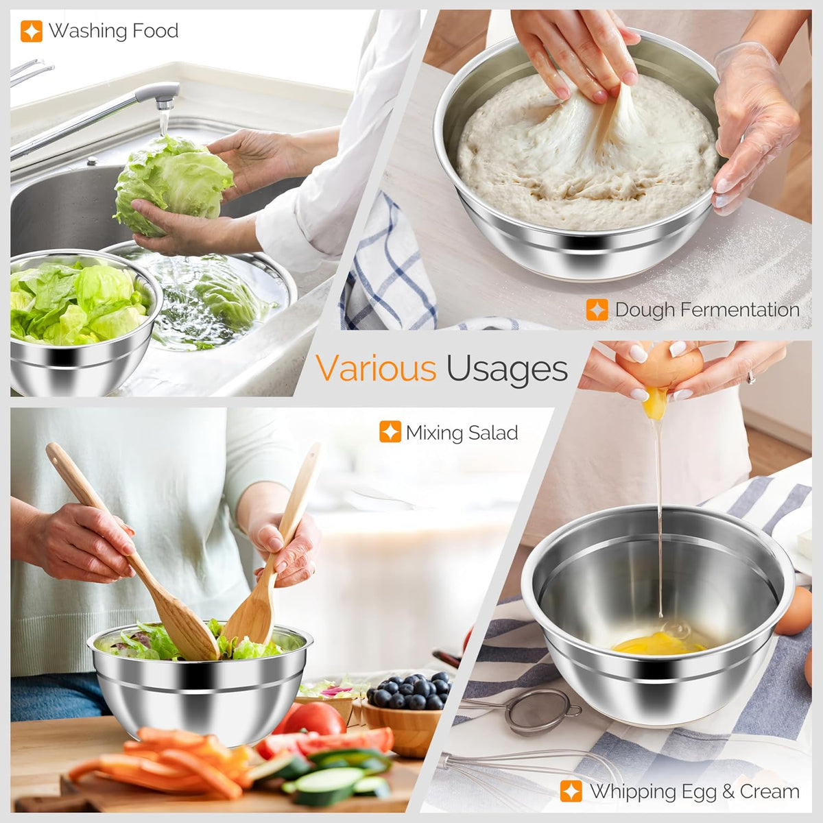 Stainless Steel Mixing Bowls with Airtight Clear Lids, Khaki
