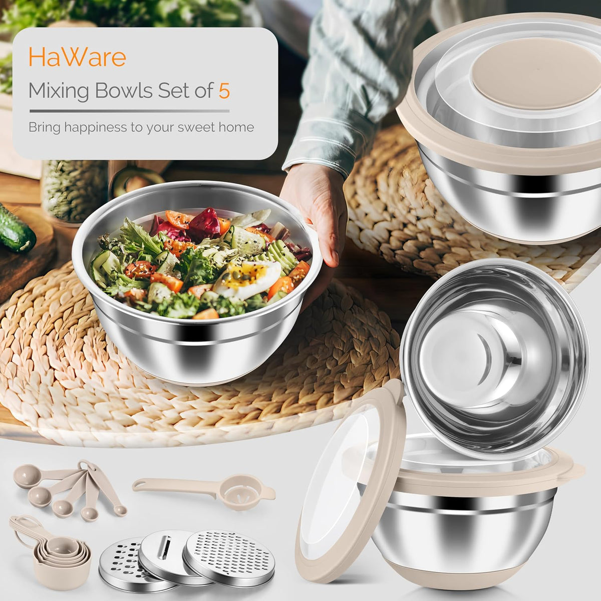 Stainless Steel Mixing Bowls with Airtight Clear Lids, Khaki