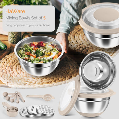 Stainless Steel Mixing Bowls with Airtight Clear Lids, Khaki