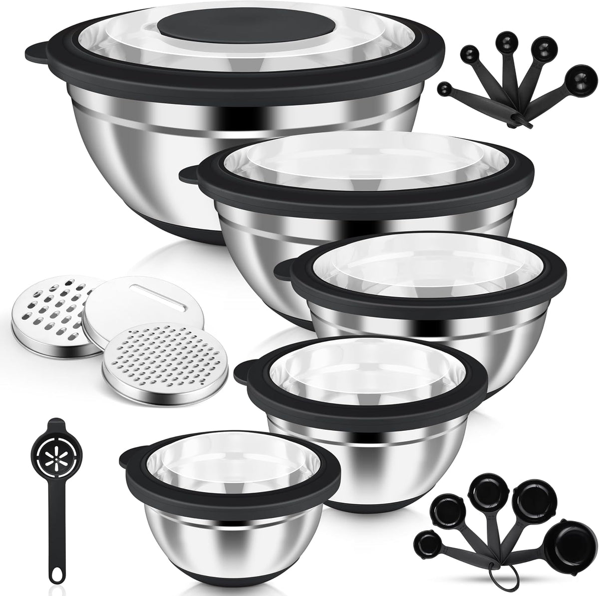 Stainless Steel Mixing Bowls with Airtight Clear Lids, Khaki