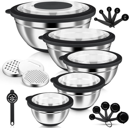 Stainless Steel Mixing Bowls with Airtight Clear Lids, Khaki