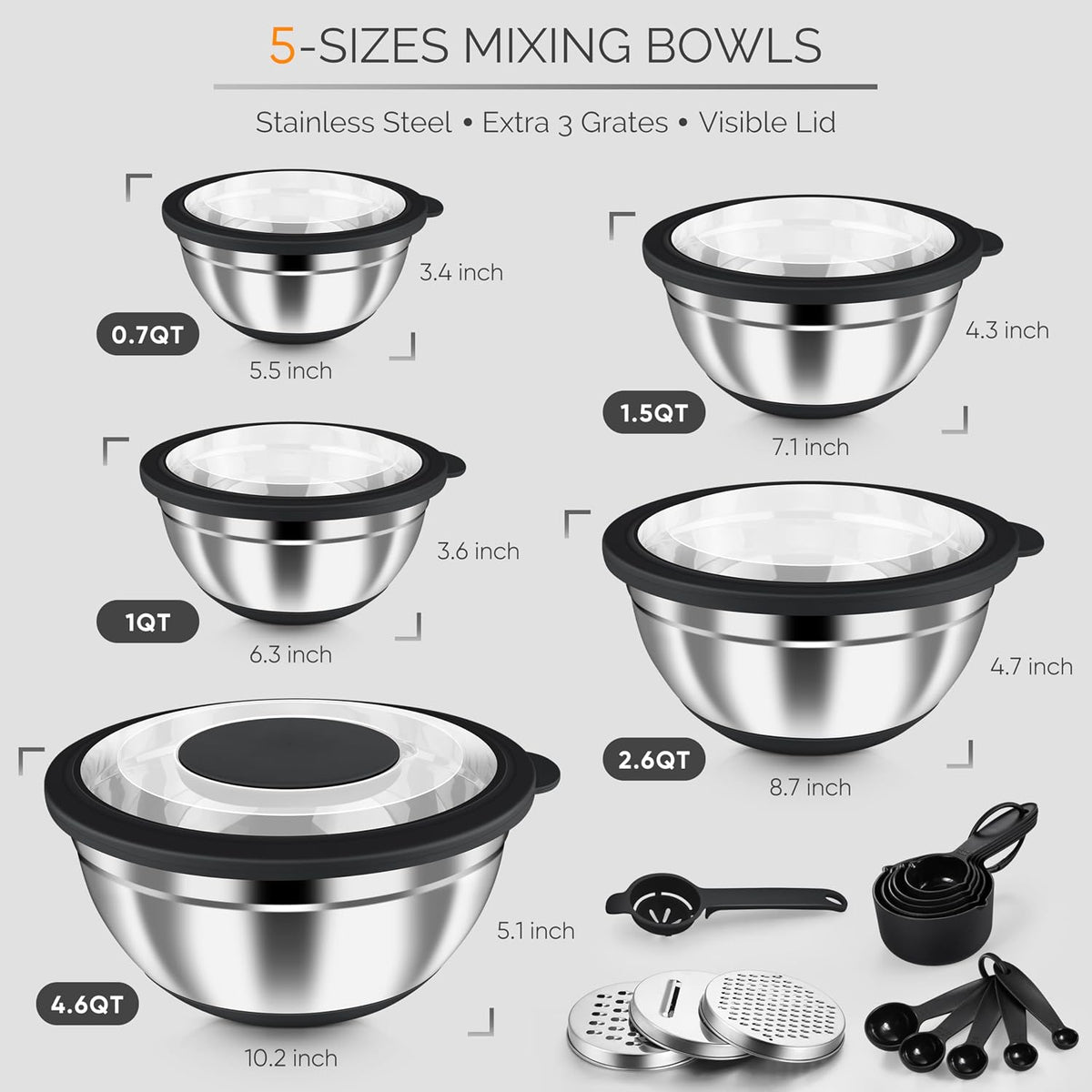 Stainless Steel Mixing Bowls with Airtight Clear Lids, Khaki