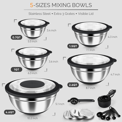 Stainless Steel Mixing Bowls with Airtight Clear Lids, Khaki