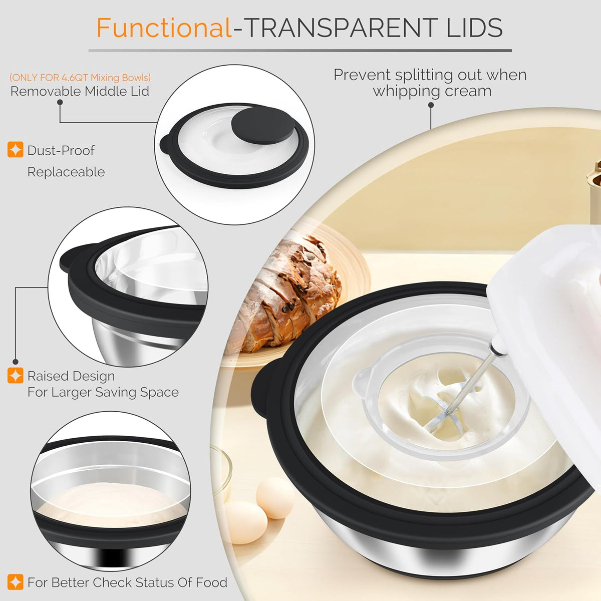 Stainless Steel Mixing Bowls with Airtight Clear Lids, Khaki