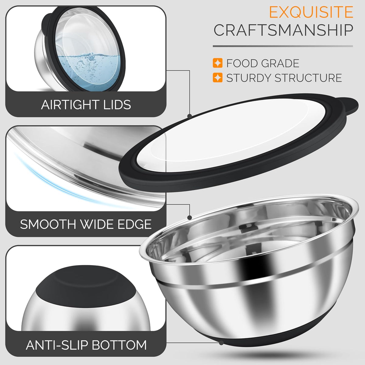 Stainless Steel Mixing Bowls with Airtight Clear Lids, Khaki