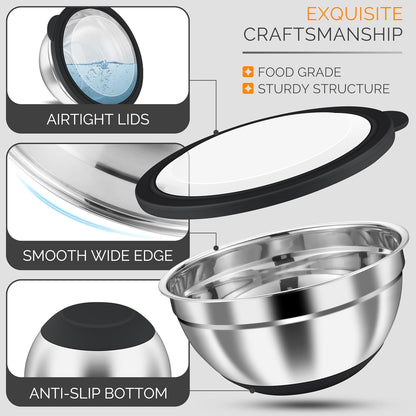 Stainless Steel Mixing Bowls with Airtight Clear Lids, Khaki