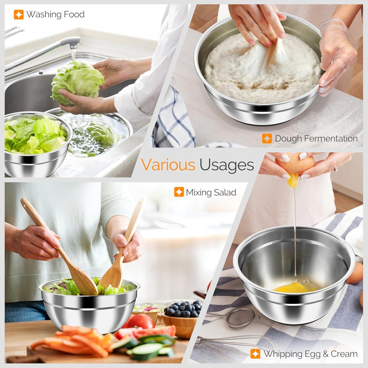 Stainless Steel Mixing Bowls with Airtight Clear Lids, Khaki