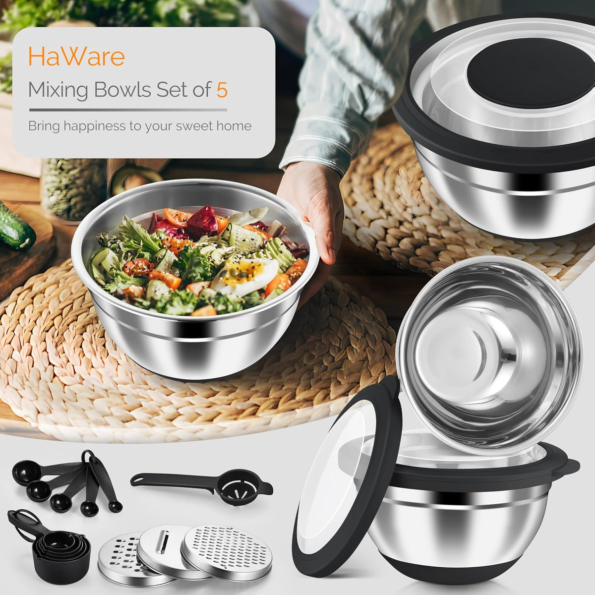 Stainless Steel Mixing Bowls with Airtight Clear Lids, Khaki