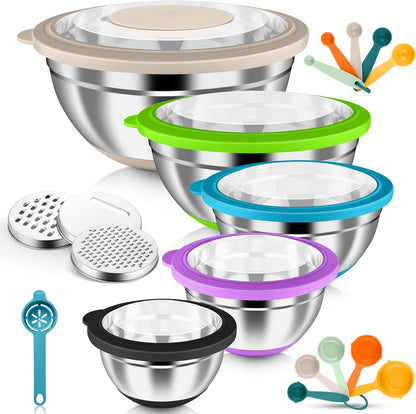 Stainless Steel Mixing Bowls with Airtight Clear Lids, Khaki