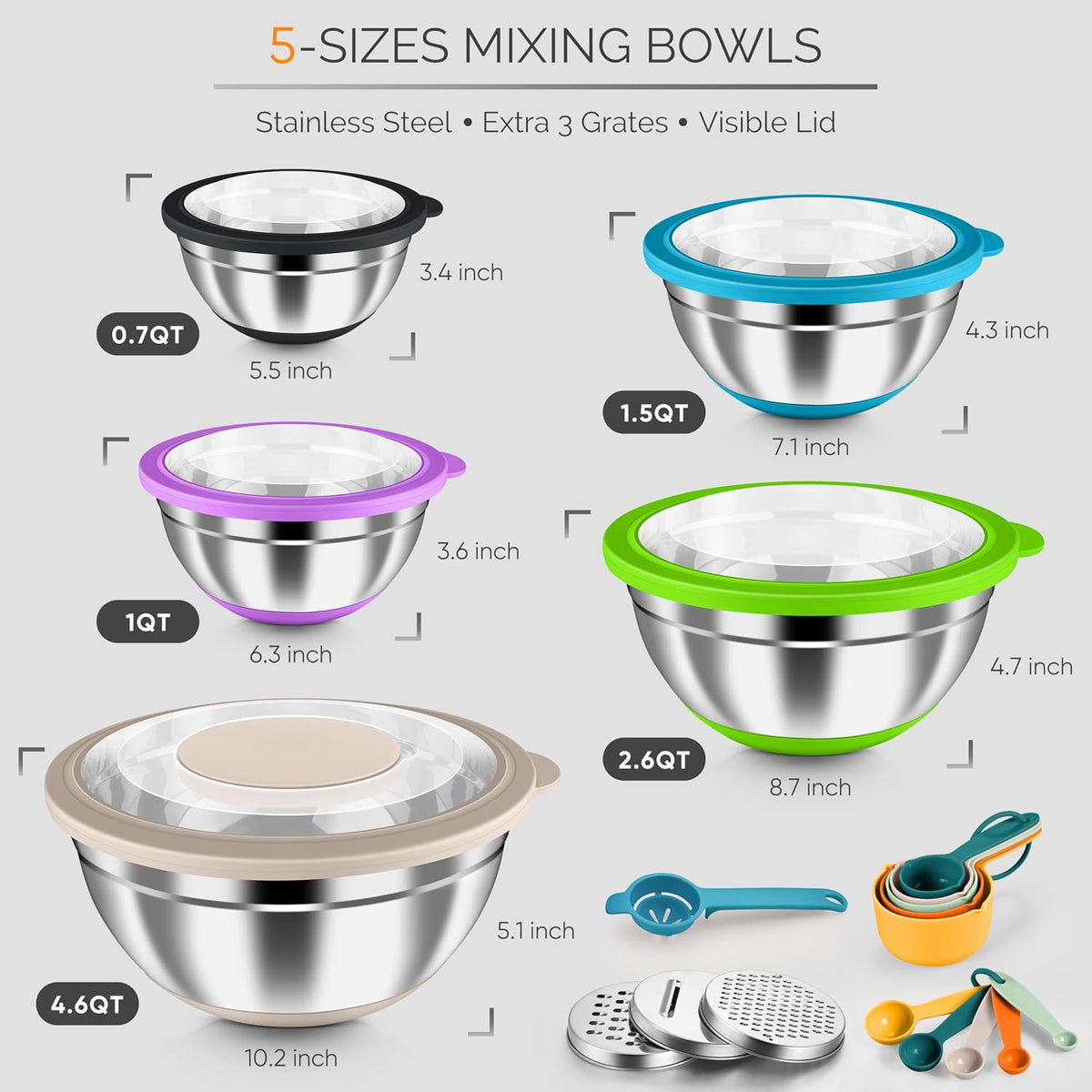 Stainless Steel Mixing Bowls with Airtight Clear Lids, Khaki