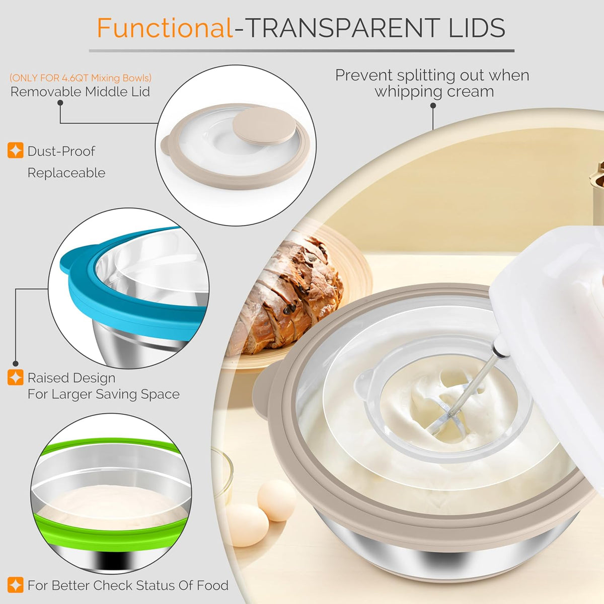 Stainless Steel Mixing Bowls with Airtight Clear Lids, Khaki