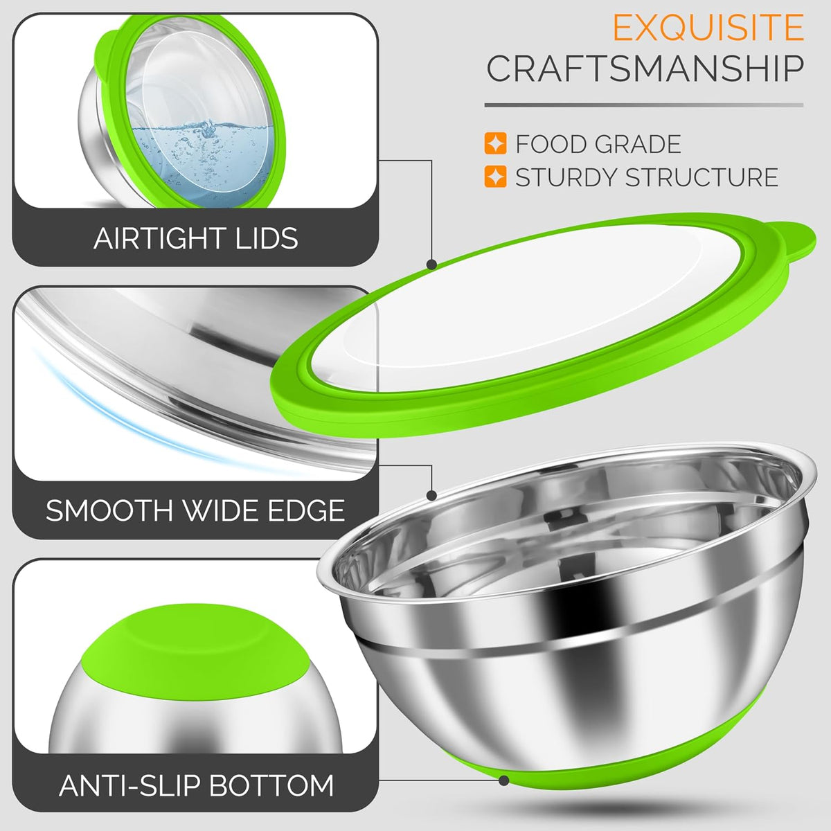 Stainless Steel Mixing Bowls with Airtight Clear Lids, Khaki