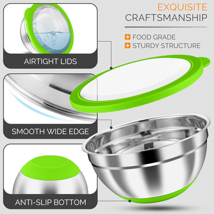 Stainless Steel Mixing Bowls with Airtight Clear Lids, Khaki